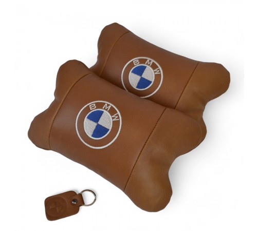 Комплект автоподушок 2шт з натуральної коричневої шкіри для BMW. Ортопедична подушка в авто БМВ