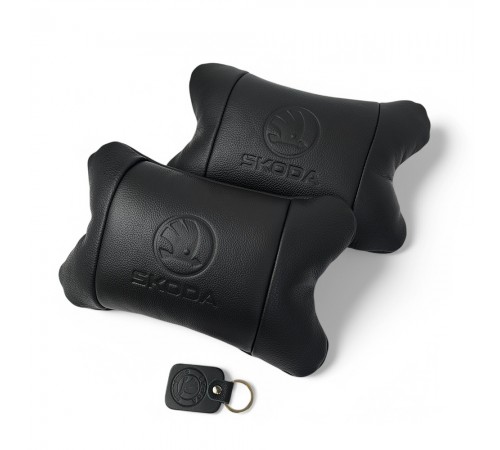Набір авто подушок Skoda з натуральної шкіри + брелок, Автоподушка на підголовник
