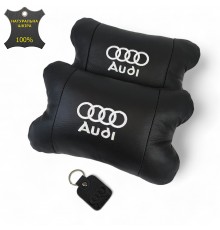 Набір автодушки 2шт на підголовник Audi / Ауді з натуральної шкіри чорна / Підголовник в машину
