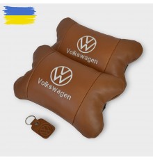 Набір подушок 2шт для автомобіля Volkswagen, з натуральної коричневої шкіри. Подушки на підголовник