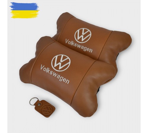 Набір подушок 2шт для автомобіля Volkswagen, з натуральної коричневої шкіри. Подушки на підголовник