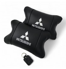 Подушки Mitsubishi з натуральної шкіри, Автоподушки на підголовник + шкіряний брелок з логотипом