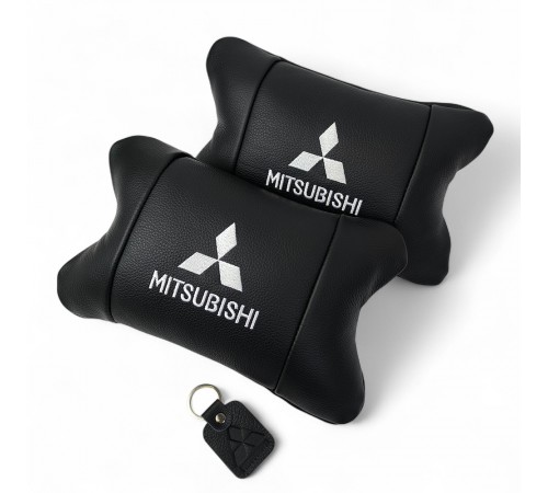 Подушки Mitsubishi з натуральної шкіри, Автоподушки на підголовник + шкіряний брелок з логотипом